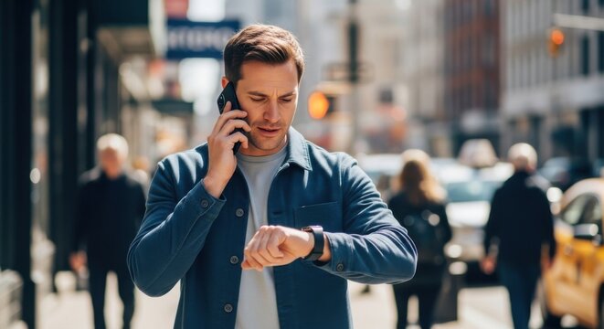 Man on phone checking time while walking downtown