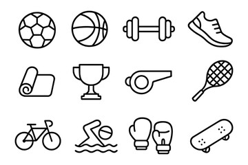Sports equipment icons set: minimalist linear design featuring fitness, ball games, and leisure activities