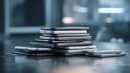 Stack of multiple modern portable electronic communication devices rests on a dark surface