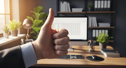 Positive feedback and achievement in the workplace are symbolized by a confident thumbs-up