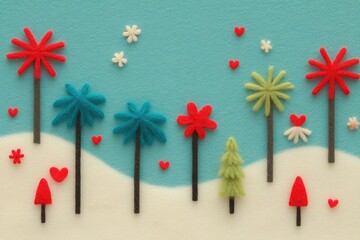 Handmade winter scene created from felt and yarn. Features colorful abstract trees, snowflakes, and red hearts on a snowy landscape under a blue sky. DIY craft concept