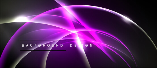 Abstract purple light streaks form flowing curves. Dark background emphasizes bright, dynamic design elements. Text reads background design.