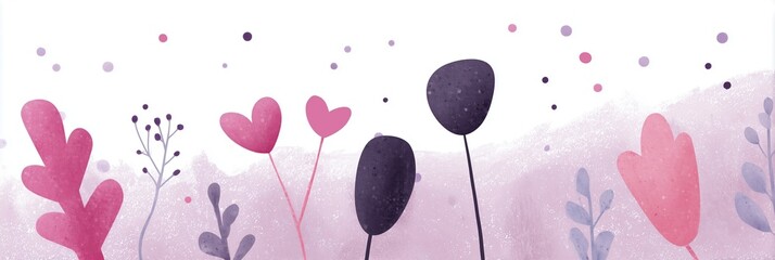 Boho style watercolor floral banner with heart shaped flowers. Delightful artistic doodle background with soft vibrant pink and purple colors. Perfect for Valentine's day
