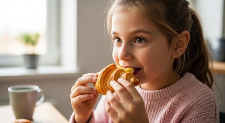 Young girl happily eating a delicious croissant