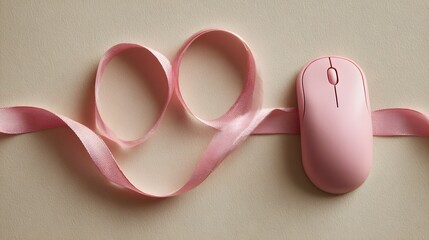 Pink computer peripheral sits beside a ribbon shaped like a heart on a neutral background