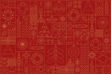 Luxurious Art Deco Christmas background, vector image. Christmas tree, star, ball, and candle on a burgundy background. Illustration design for cover, poster, and wallpaper