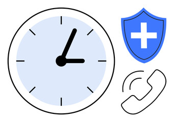 Wall clock indicating time, medical shield with cross, and ringing phone symbolizing emergency services. Ideal for healthcare, time planning, safety, support, medical aid, urgency simple flat