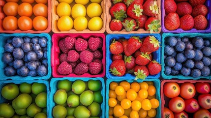 Overhead view of fresh colorful fruits and vegetables in crates