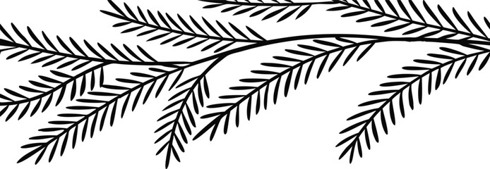 Black pine needle branch  with clean line art. Elegant botanical design for winter and nature themes. Ideal for seasonal   background, and graphic projects.