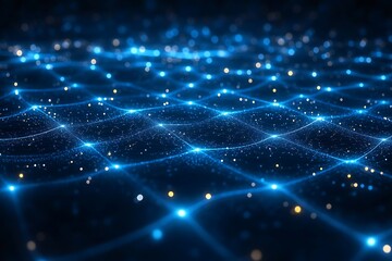 Bright blue and yellow shimmering dots forming a flowing wave pattern across a dark digital space