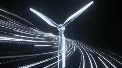 Futuristic wind turbine generating clean power with glowing digital light trails on a dark background. - Powered by Adobe