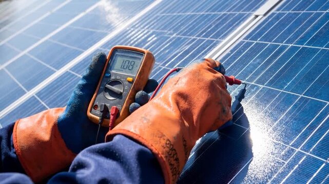 Close up of technician hands using digital multimeter to check and maintain solar panel performance, renewable energy maintenance concept.