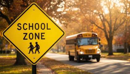 Yellow school zone sign with walking student symbols standing prominently by a road, with a blurry yellow school bus driving on a tree lined street during autumn