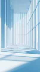 Fototapeta premium Bright hallway with modern architecture, large windows, light blue tones and long shadows