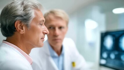 Two doctors review patient scans defocused large monitor, faceless medical facility, xray visualization detail, blurred wall background, disease analysis concept, diagnostic interf - Powered by Adobe