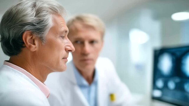 Two doctors review patient scans defocused large monitor, faceless medical facility, xray visualization detail, blurred wall background, disease analysis concept, diagnostic interf - Powered by Adobe
