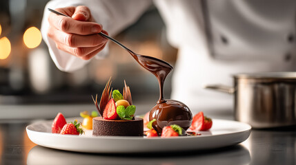 Chef making a beautiful dessert and pouring chocolate over it, perfect for culinary blogs, restaurant promotions, recipe content and gourmet food advertising.