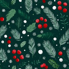 Minimalist seamless Christmas pattern with simple pine twigs, red and white  berries and snowflakes