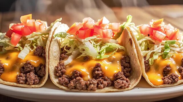 Close-Up of Fresh Beef Tacos with Cheese Lettuce and Tomatoes on White Plate