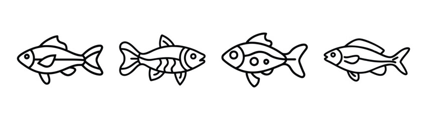 Download free line art vector illustration of four fish swimming in a row for coloring pages