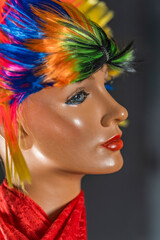 Close-up of beautiful plastic dolls with blonde and dyed hair, brown, white, and colored. Red and black hats.