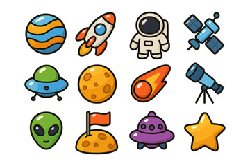 Fototapeta premium Cartoon space elements with planets, ufos, and astronaut icons