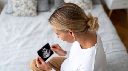 Woman looking at phone, pregnant belly, ultrasound image, indoor setting, modern technology, personal moment.