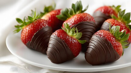 Fresh strawberries partially dipped in rich dark chocolate sit ready for serving on a white plate