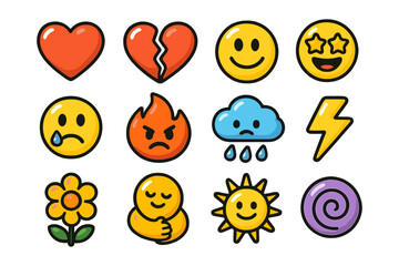 Fototapeta premium Colorful cartoon emoji set featuring emotions and weather elements