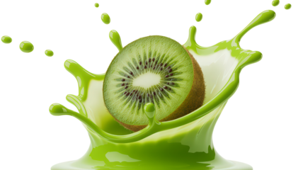 Fresh kiwi slice falls into bright green juice creating splash isolated on transparent background with juicy fruit and refreshing drink for healthy lifestyle concept