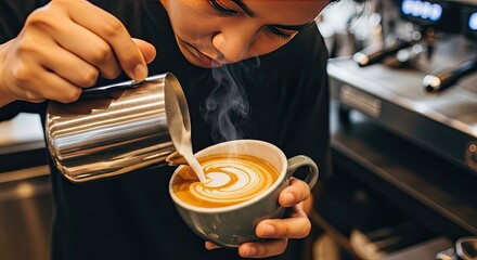 Barista creating latte art by pouring steamed milk into espresso drink in cafe