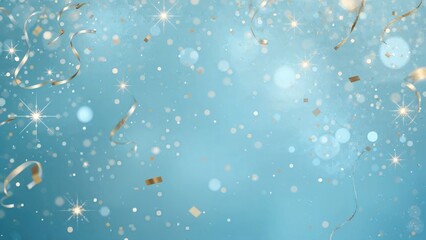 Celebratory background with stars, confetti, and streamers on a blue backdrop.