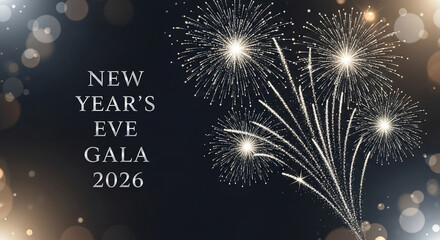 Image of white firework on dark backdrop with blurred light bokeh. Representing celebration, festive spirit and New Year's Eve event