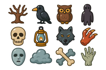 Obraz premium Halloween cartoon icons: spooky tree, animals, masks, bones, lantern