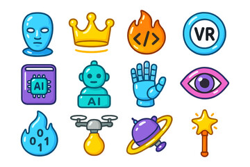 Futuristic technology and science icons set featuring ai, vr, and coding