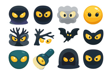 Fototapeta premium Mysterious eyes and creatures with yellow eyes set against a white background