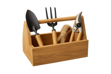 Gardening tools in wooden caddy with twine and pruners