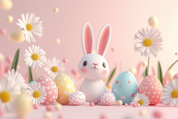 Obraz premium Lovely Easter illustration with baby bunny, colorful eggs and spring flowers on a pastel pink background
