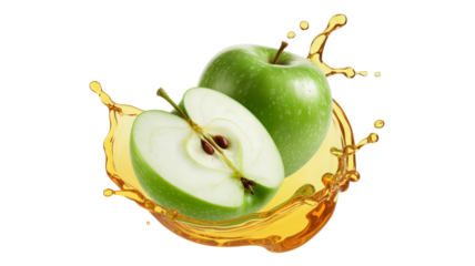 Green Granny Smith Apple With Slice And Splashes Of Juice Isolated On Transparent Background Delicious Healthy Fruit Nutrition Splash Sweet Freshness And Vitamin