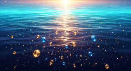 Water surface with blue and golden sphere, reflecting sunlight, representing peace, dream, and serenity, good for relaxation and mindfulness themes