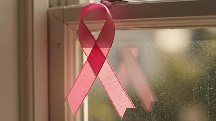 Pink Ribbon Symbol of Awareness for Health and Support on Window.