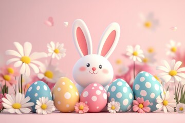 Obraz premium Lovely Easter illustration with baby bunny, colorful eggs and spring flowers on a pastel pink background