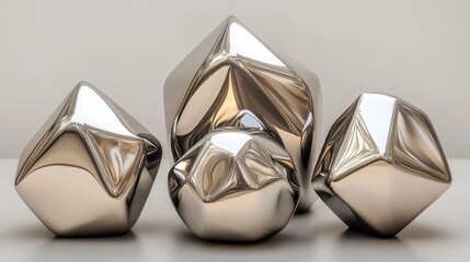 Polished metallic abstract sculptures with sharp angular edges