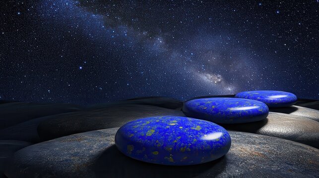 Polished lapis lazuli stones arranged on a dark surface beneath a starry night sky with the Milky Way galaxy visible