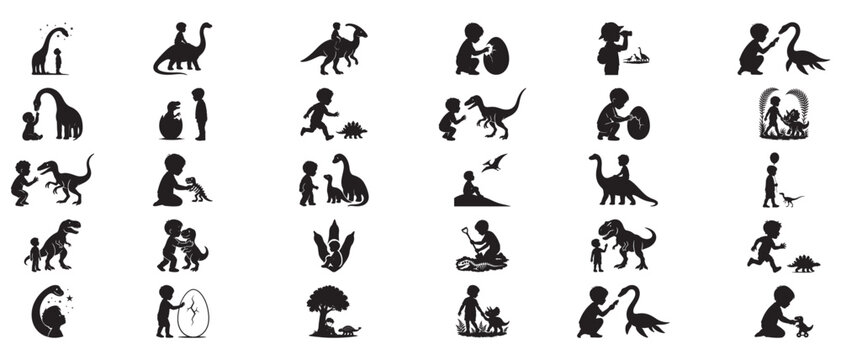 Children interacting with dinosaurs and prehistoric elements - Powered by Adobe