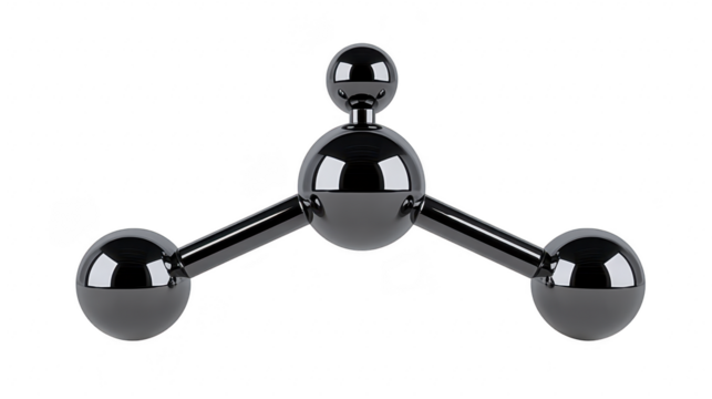 Molecule model black glossy isolated three atoms connected by rods simple structure science chemistry education modern style