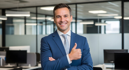 Obraz premium A professional business man standing confidently giving a thumbs up in a modern office environment