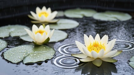 Raindrops creating ripples around white water lilies on pond