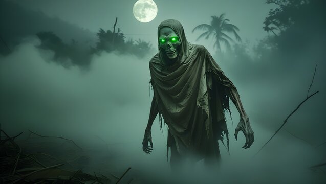 Zombie in the night. A ghostly figure emerging from the fog. Mysterious silhouette in the fog. 