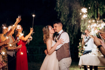 newlyweds at a wedding of sparklers